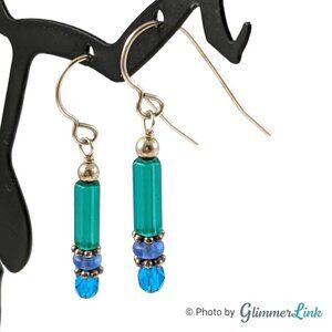 Dainty 925 Sterling Silver Blue Teal Tube & Faceted Bead Earrings
